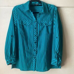 Vintage Notations teal black striped long sleeve button down blouse